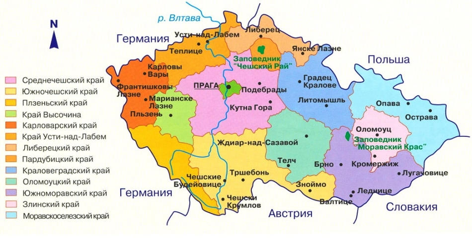 Карта Чехии по регионам